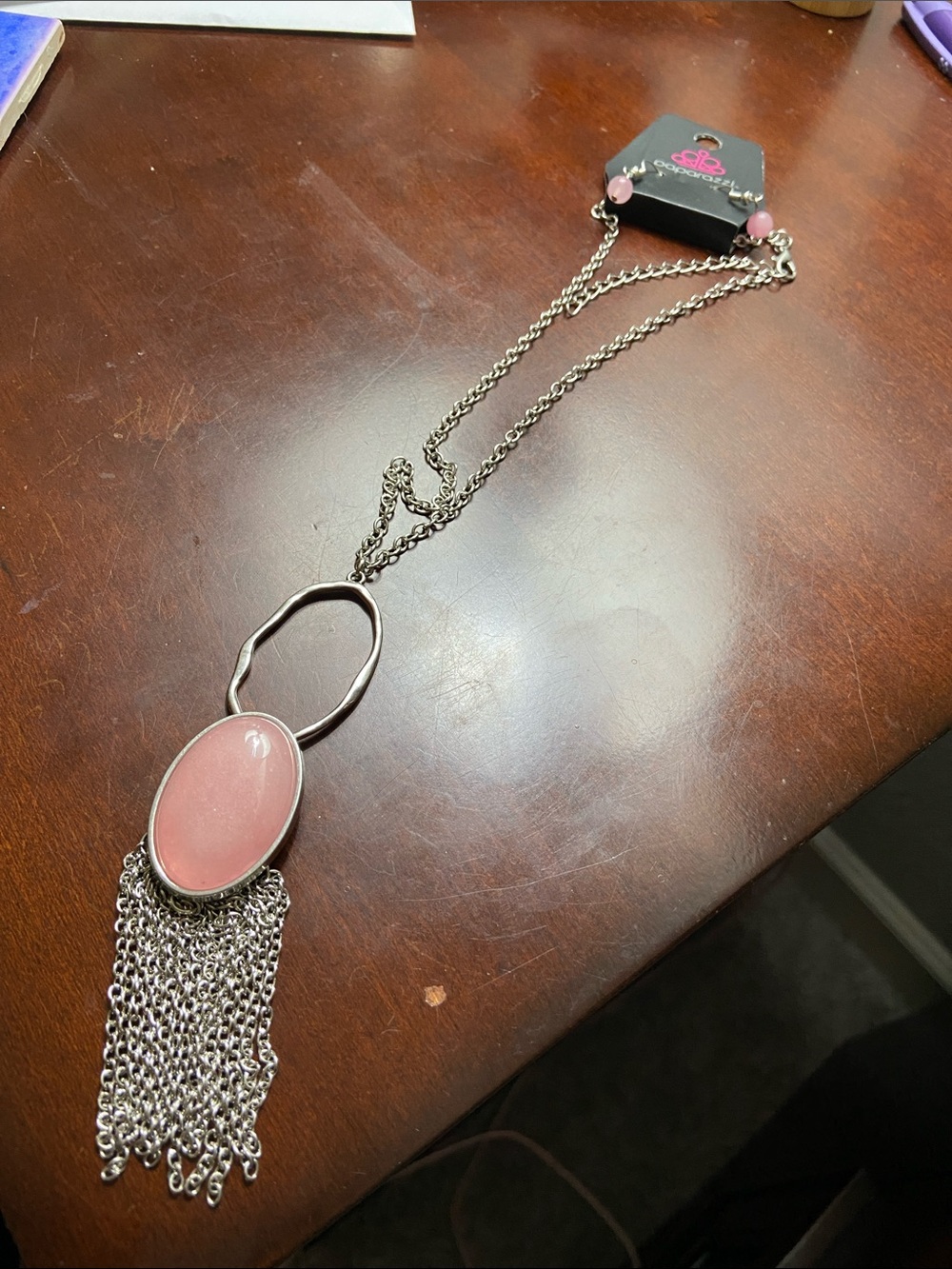 paparazzi Silver-Tone Pink Oval Tassel Necklace